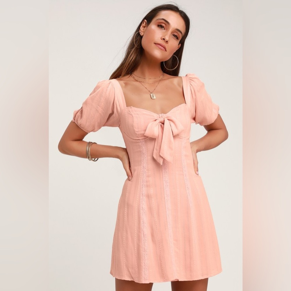 Lulus Pale Pink Casual Puff Sleeve Mini Dress Size Small